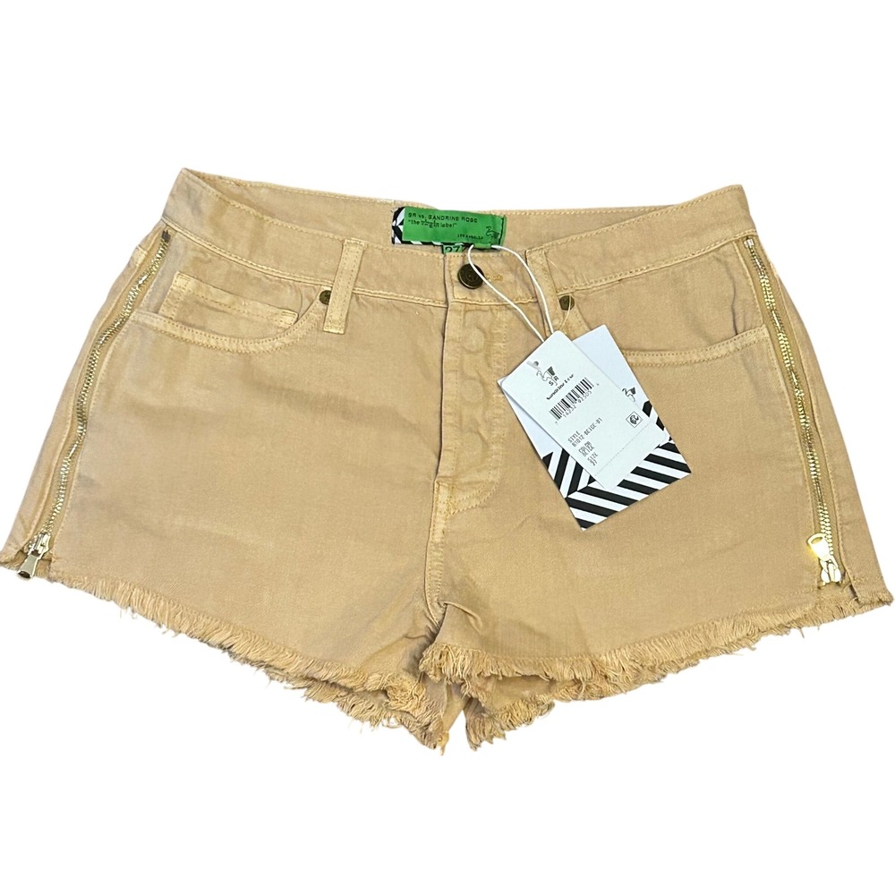 Sandrine Rose Beige Denim Shorts Fringe Gold Zipper Detail Button Fly Size 27